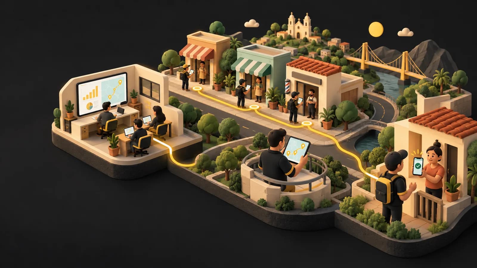 Mundo ilustrado con oficina de cartera, ruta de cobro, supervisión y entrega de comprobante